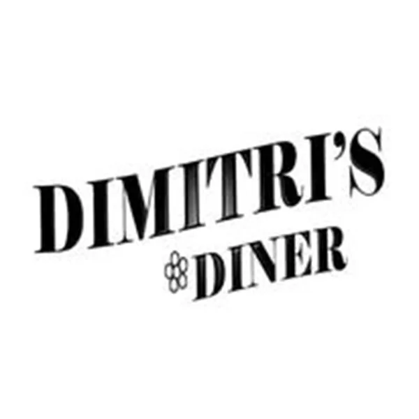 Logo for Dimitri's Diner with stylized text and a small flower graphic
