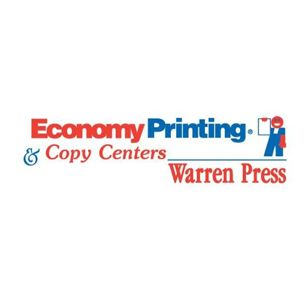 Logo for Economy Printing, Copy Centers, and Warren Press with text in red and blue, and a cartoon figure holding a paper.