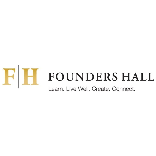 Logo for Founders Hall with the initials F and H in gold, and the words 'Founders Hall' and the tagline 'Learn. Live Well. Create. Connect.'