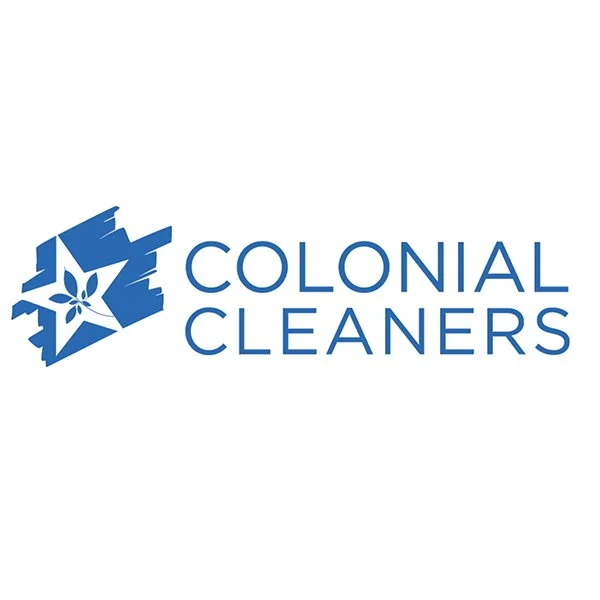 Logo for Colonial Cleaners featuring a blue star and abstract design next to the text 'Colonial Cleaners' in blue.