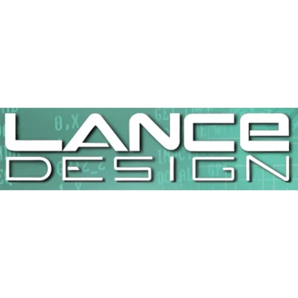 Lance Design logo in teal and white with geometric background