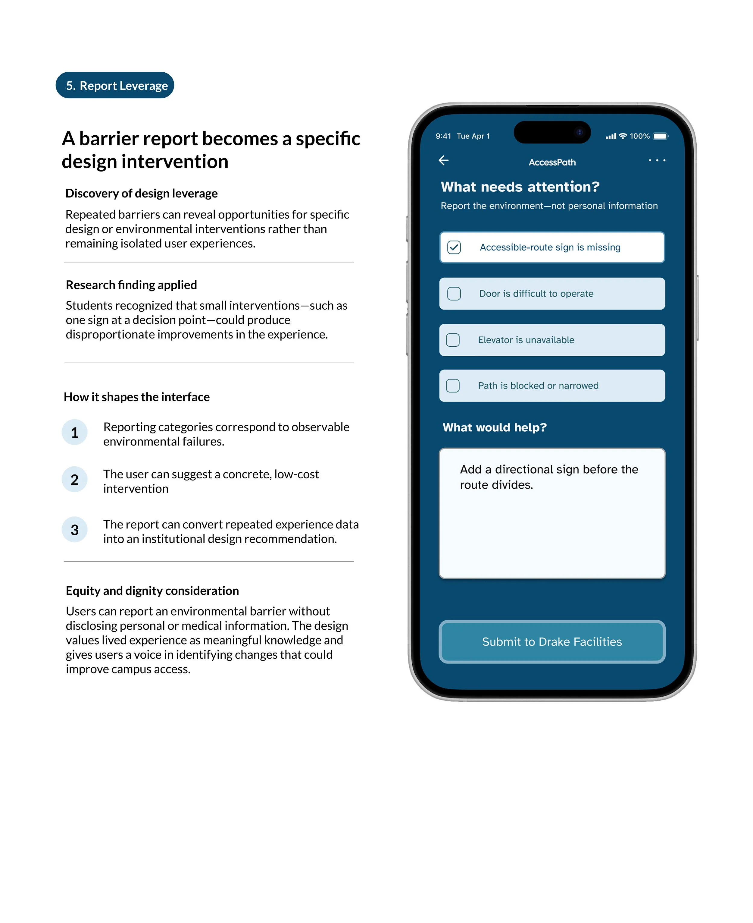 Anonymous reporting screen for documenting an environmental barrier and suggesting an improvement.
