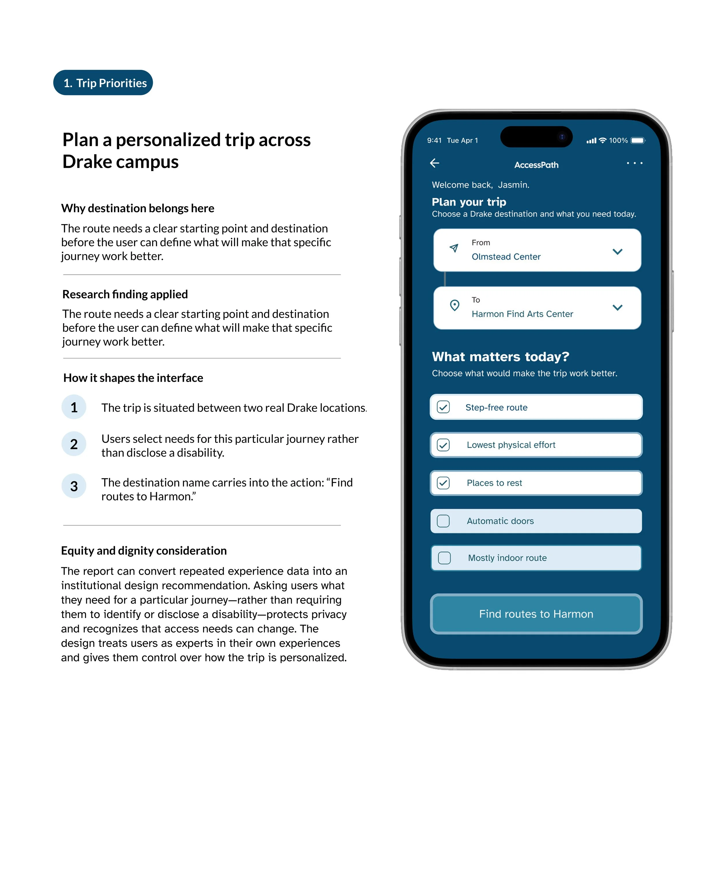 Trip-planning screen where users select accessibility priorities such as step-free travel, low effort and places to rest.
