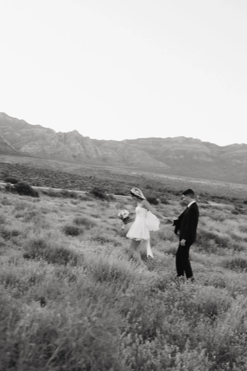 Bride and groom walk through the Las Vegas desert for some elopement portraits