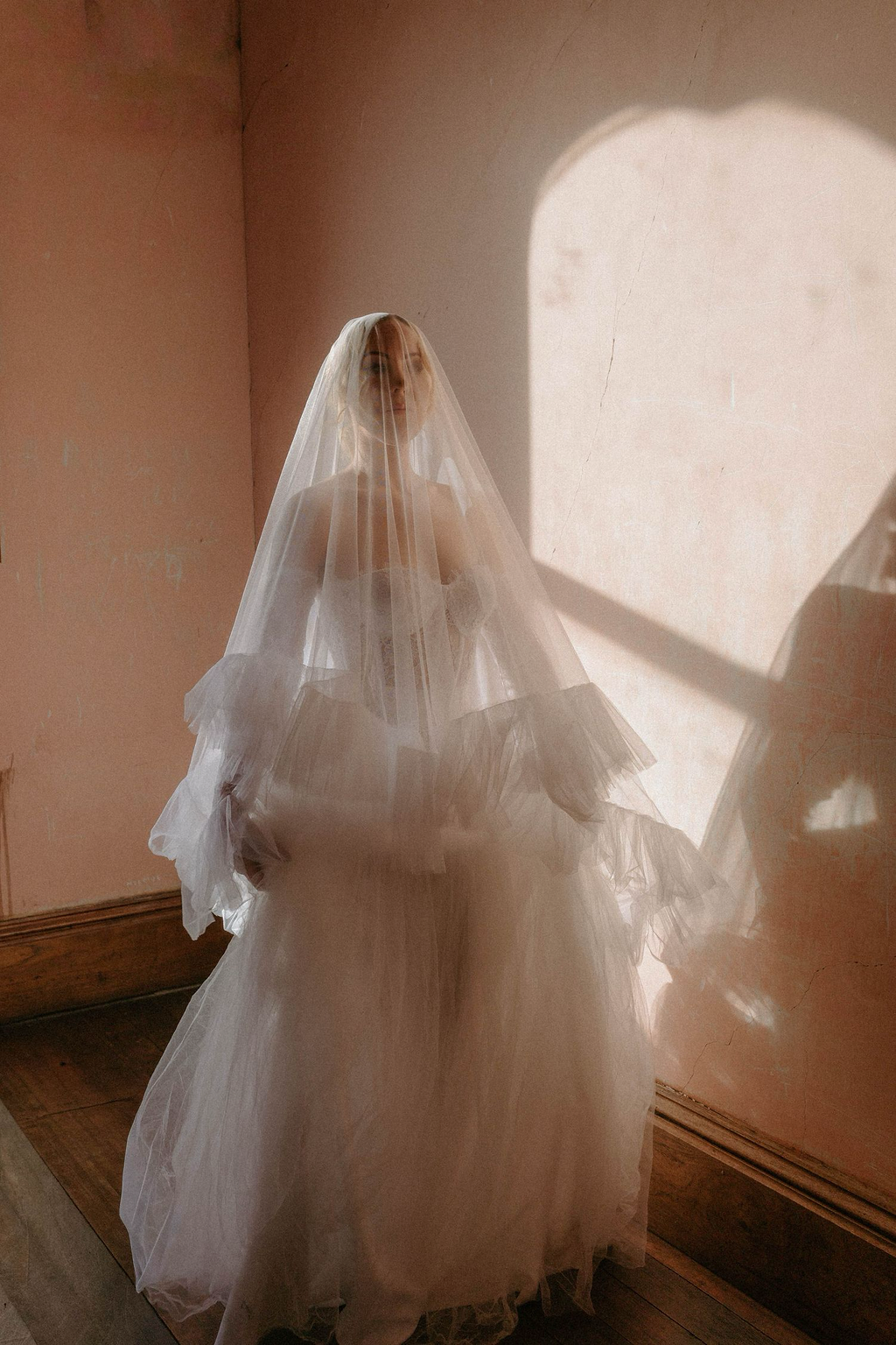 A woman in a wedding dress, with a veil, standing in a room with soft lighting and a shadow cast on the wall behind her.
