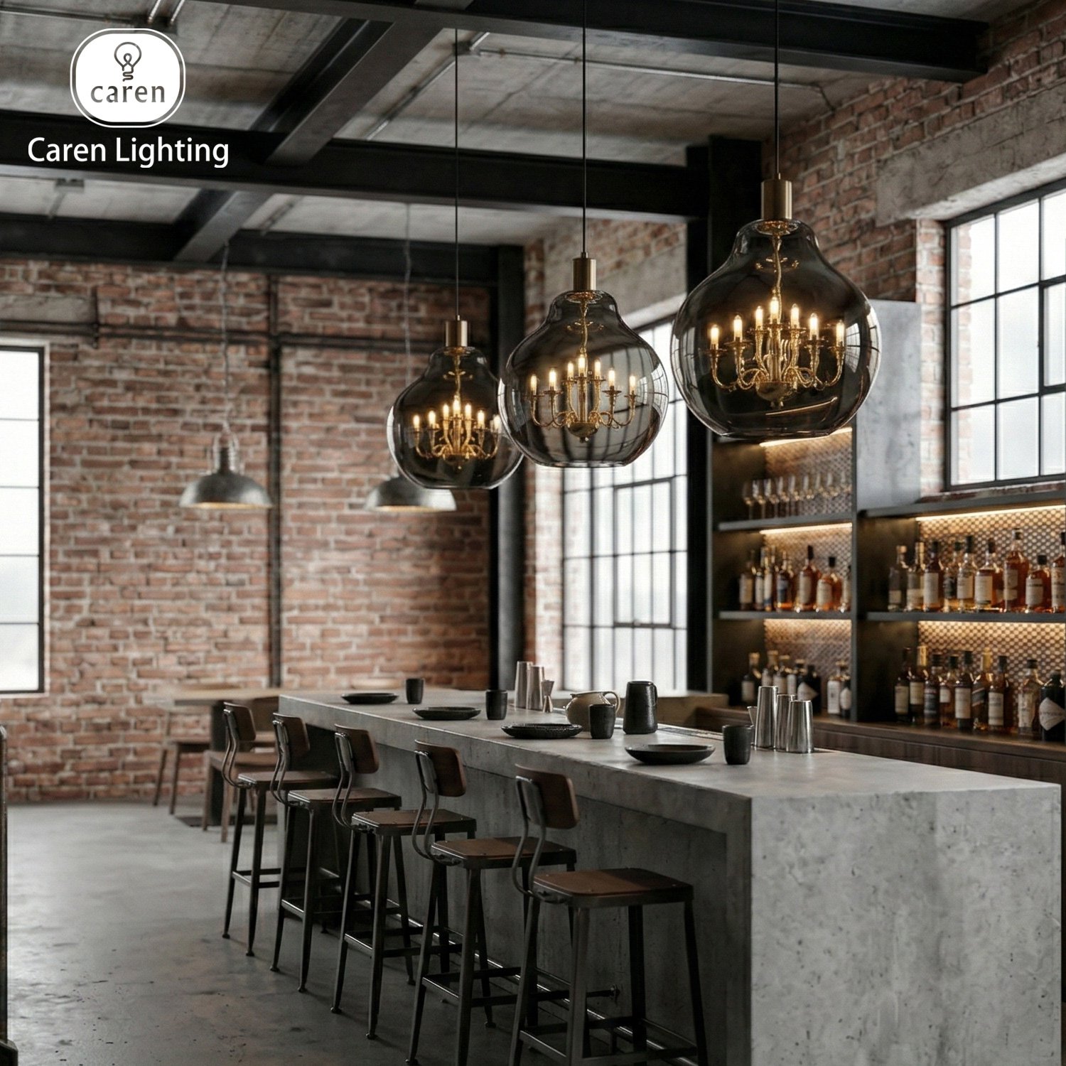 Interior of a modern industrial-style bar with a large marble bar counter, black stools, and hanging glass pendant lights reflecting chandeliers. Exposed brick walls and large windows provide natural light.