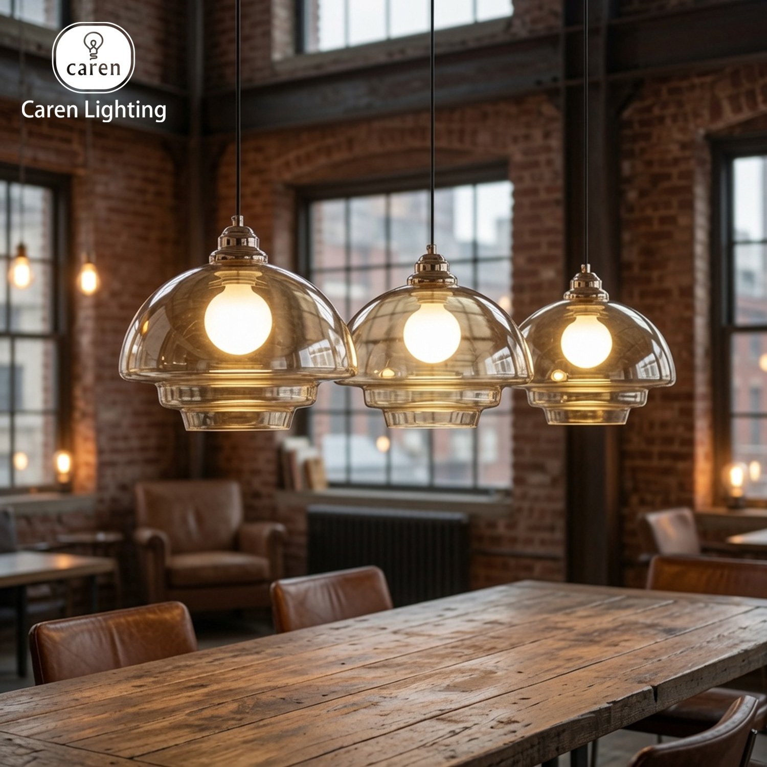 Pendant lights hanging over a rustic wooden table in an industrial-style restaurant with brick walls and large windows.