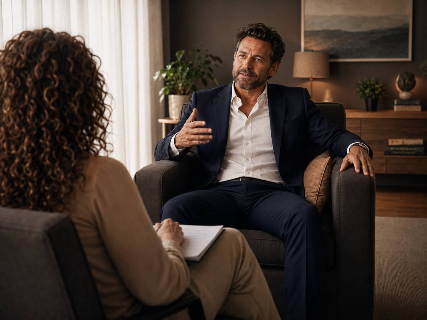 A female psychologist with a business man counselling client.