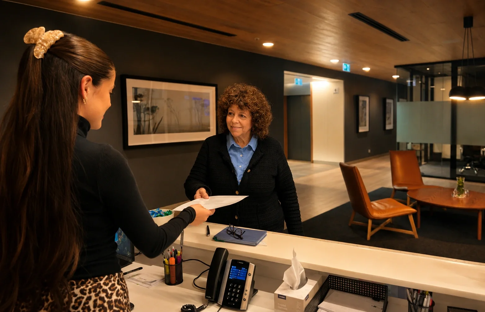 Jasmine Sliger chatting with her receptionist in JSA Counselling’s Sydney office.