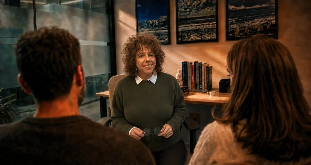 Psychologist Jasmine Sliger talking to a couple in her Sydney office.