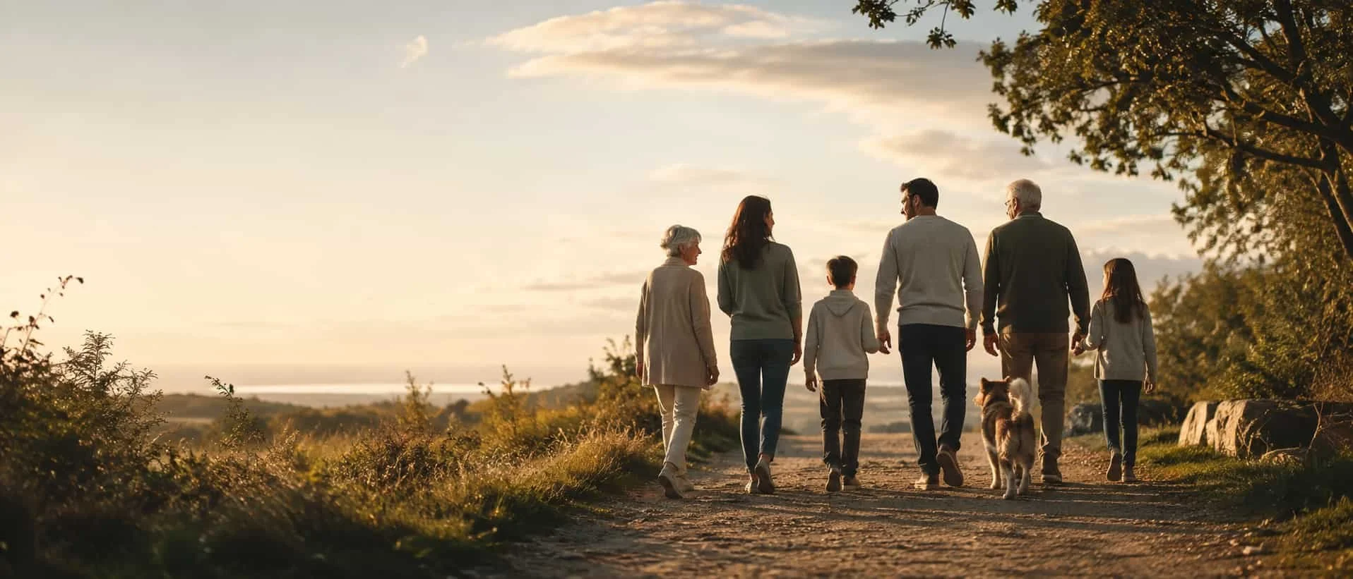 A faded image of a family of six with a dog walking in the countryside.