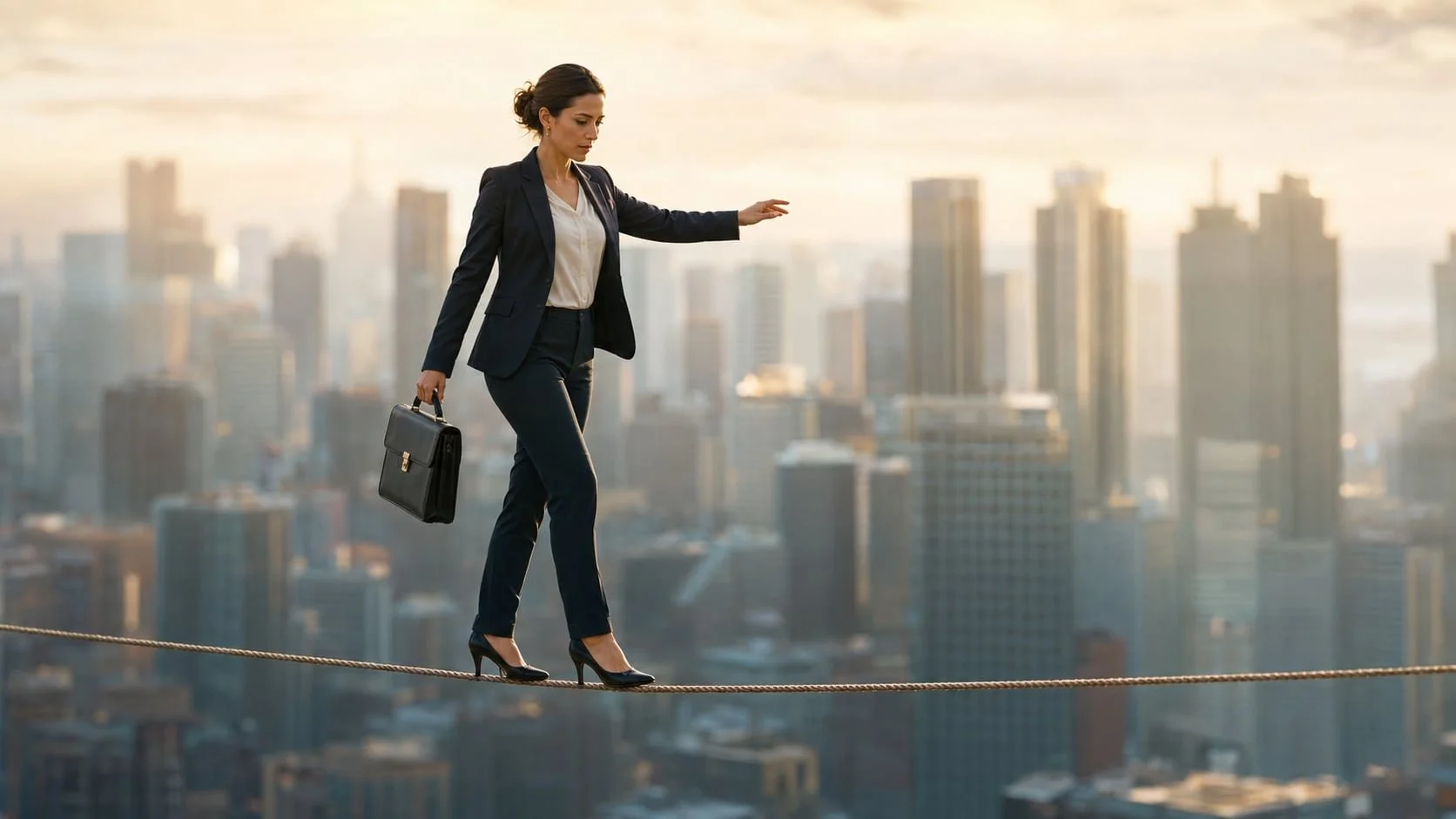 A business woman is walking a tightrope over a cityscape.