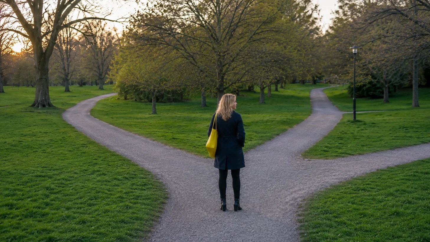 Woman standing at a life crossroads considering path options.
