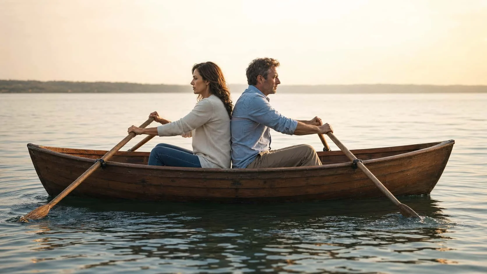 A man and a woman in a small row boat, each rowing in the opposite direction.