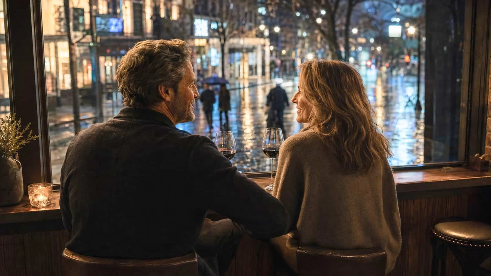 A happy couple is enjoying a drink as they look out the window of a bar into a wet city street.