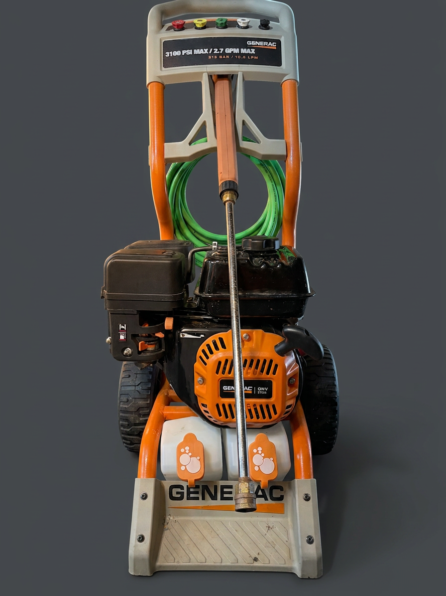 A Genrac pressure washer with a black engine, orange and gray frame, and a green hose mounted on the frame.