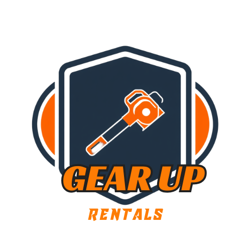 Logo for Gear Up Rentals featuring a wrench with a gear as the handle, inside a shield shape, with the words "Gear Up" in bold orange letters and "Rentals" underneath in smaller orange text.