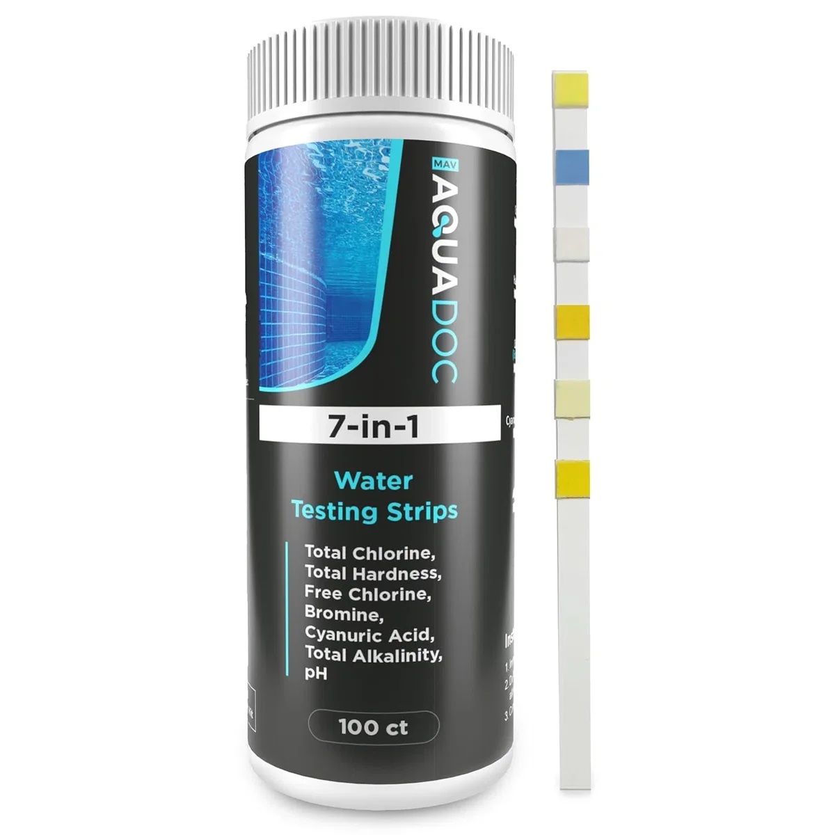AquaDoc Pool Test Strips - 100 Spa and Hot Tub Test Strips for Pool Water Testing Kit for pH, Chlorine, Hardness, Bromine, Cyanuric Acid, Alkalinity
