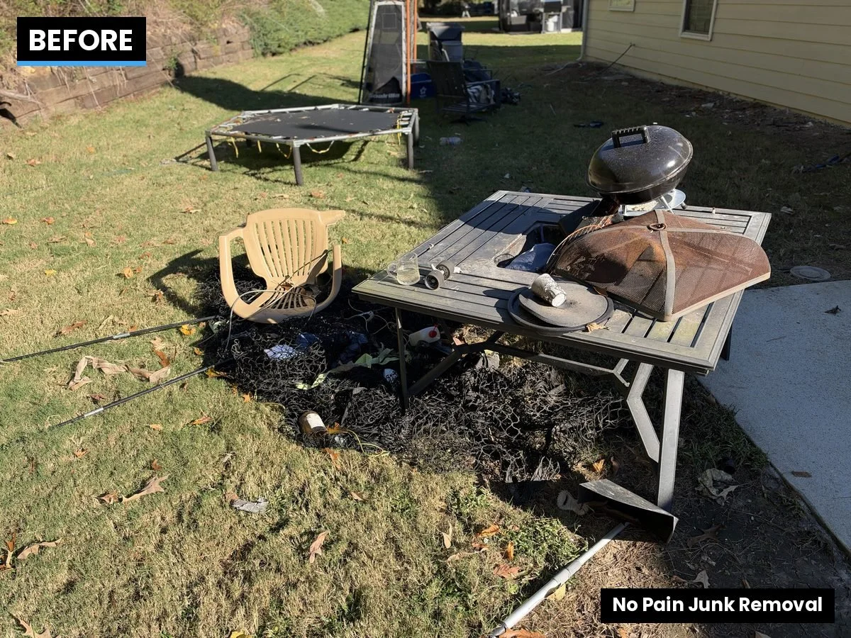 Fire pit table, grill and old netting before junk removal in Lawrenceville, GA