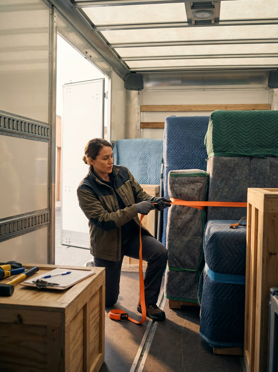 A woman kneeling inside a moving truck, securing large furniture using orange straps.