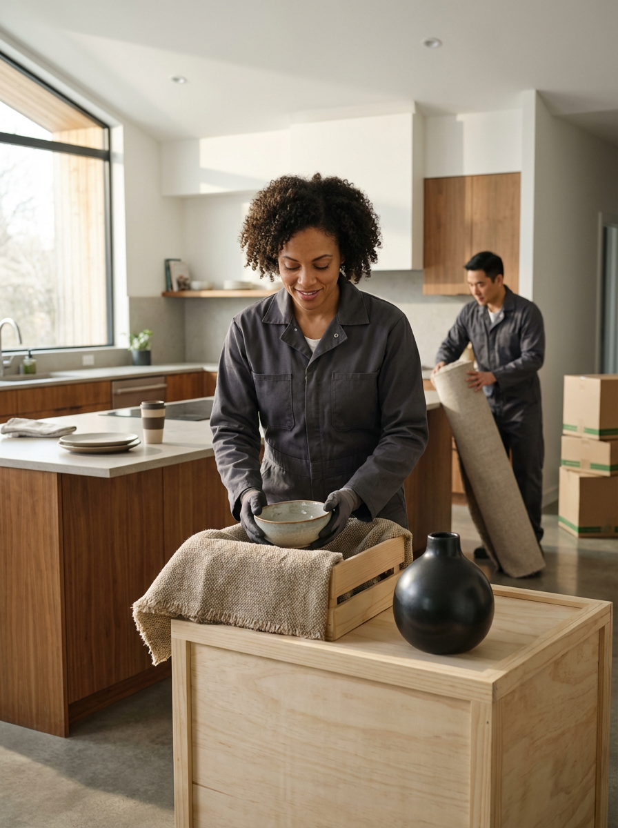 Two people in a modern kitchen packing and organizing dishes; woman in the foreground holding a plate, man in the background handling a rug.