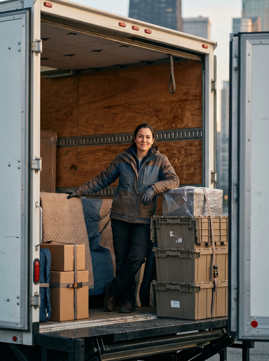 A woman standing in the back of a moving truck, surrounded by packed boxes and blankets, wearing a jacket and gloves, with a city skyline in the background.