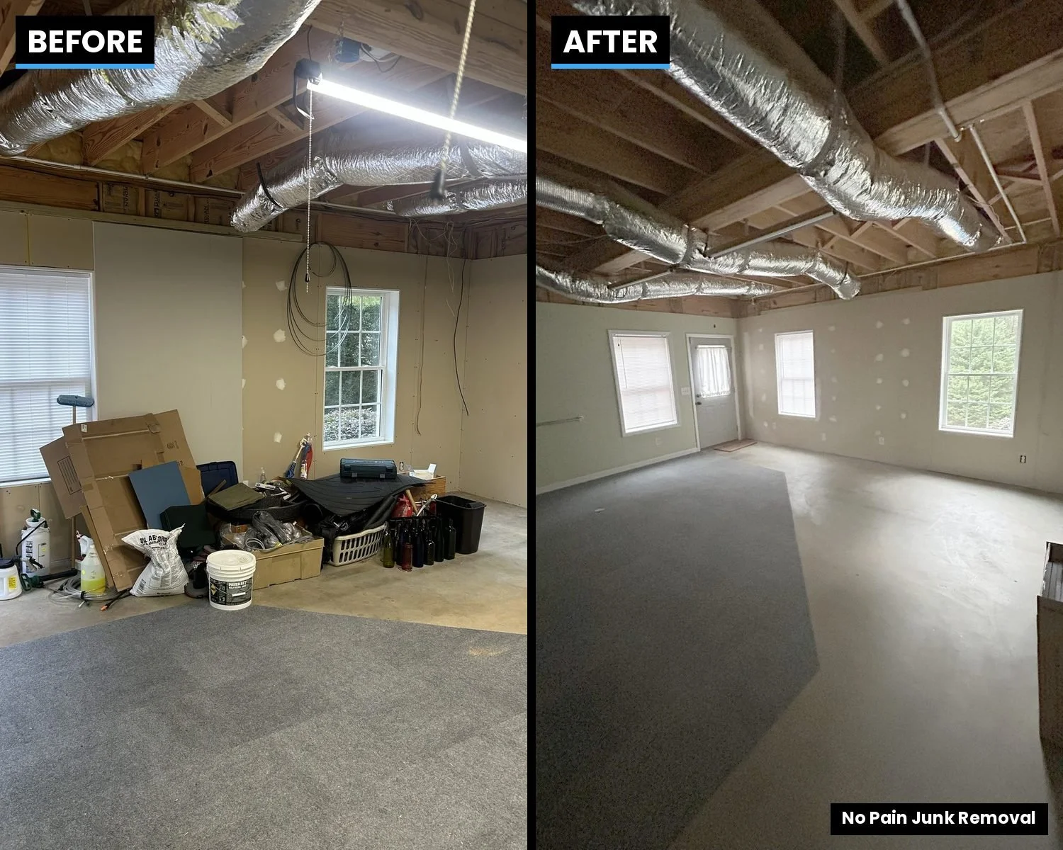 Before and after bonus room cleanout by No Pain Junk Removal, a Hall County, GA junk removal company