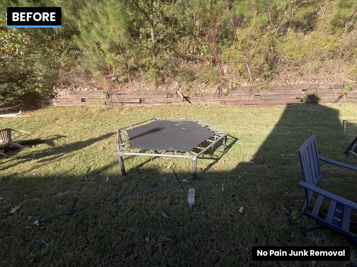 Old trampoline before removal from a Lawrenceville, GA backyard