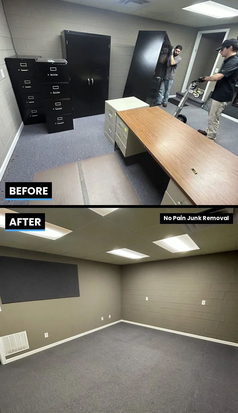 Before and after office furniture removal: No Pain Junk Removal crew carrying out filing cabinets, storage cabinets and a desk, leaving the room empty