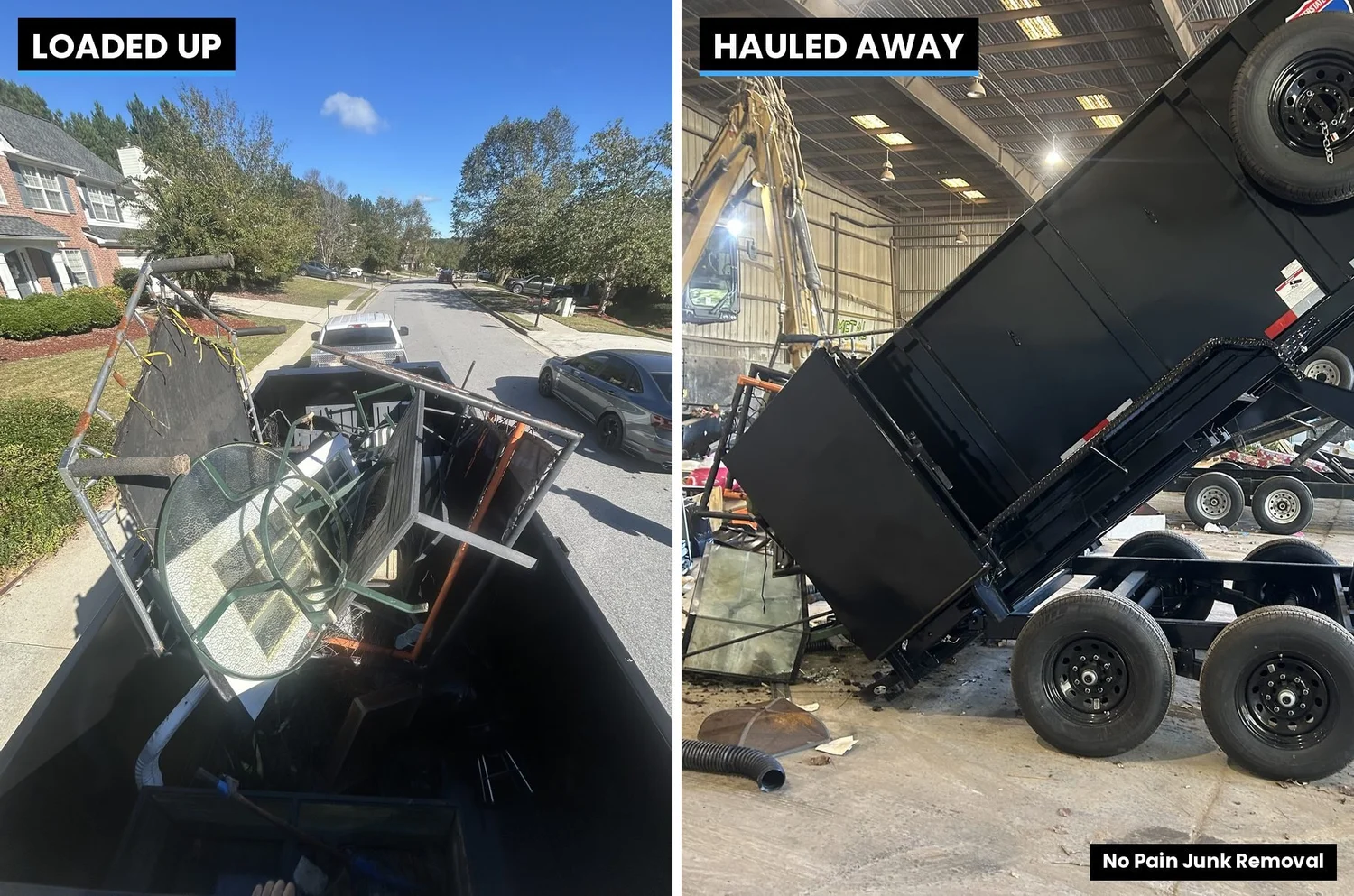 No Pain Junk Removal dump trailer loaded with backyard junk in Lawrenceville, GA, then unloaded at the disposal facility