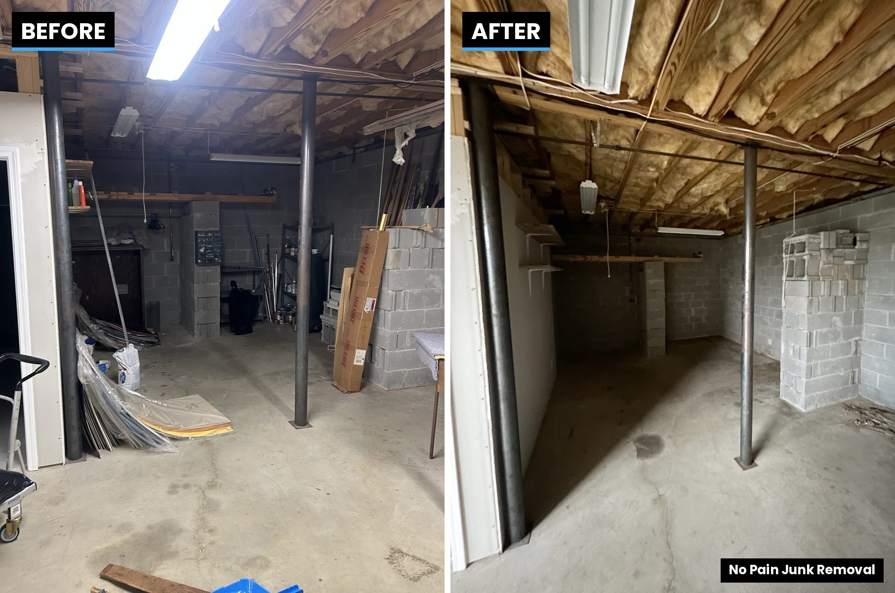 Before and after basement storage room cleanout by No Pain Junk Removal, an estate and home cleanout company in Hall County, GA
