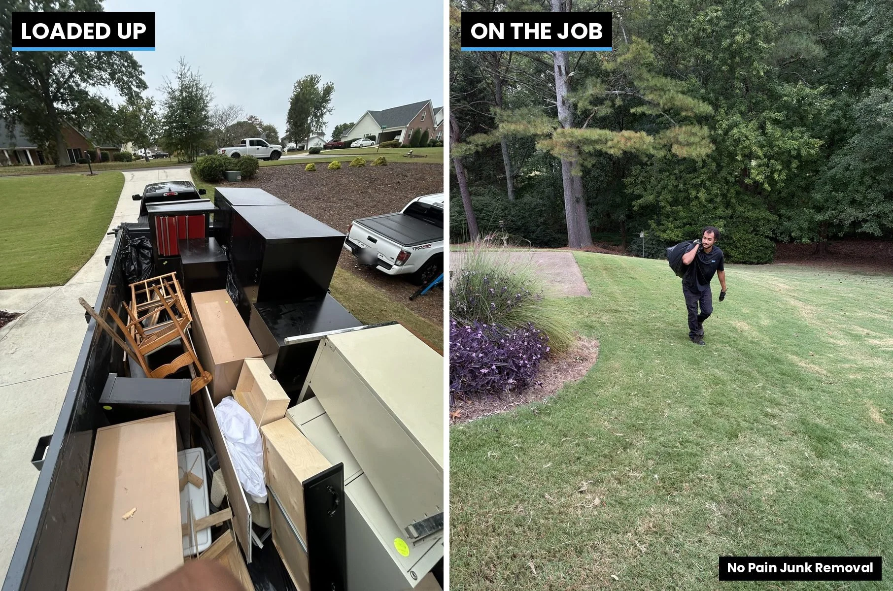 Trailer loaded with office furniture, cabinets and chairs, and a No Pain Junk Removal crew member hauling bags on a Hall County, GA furniture removal job