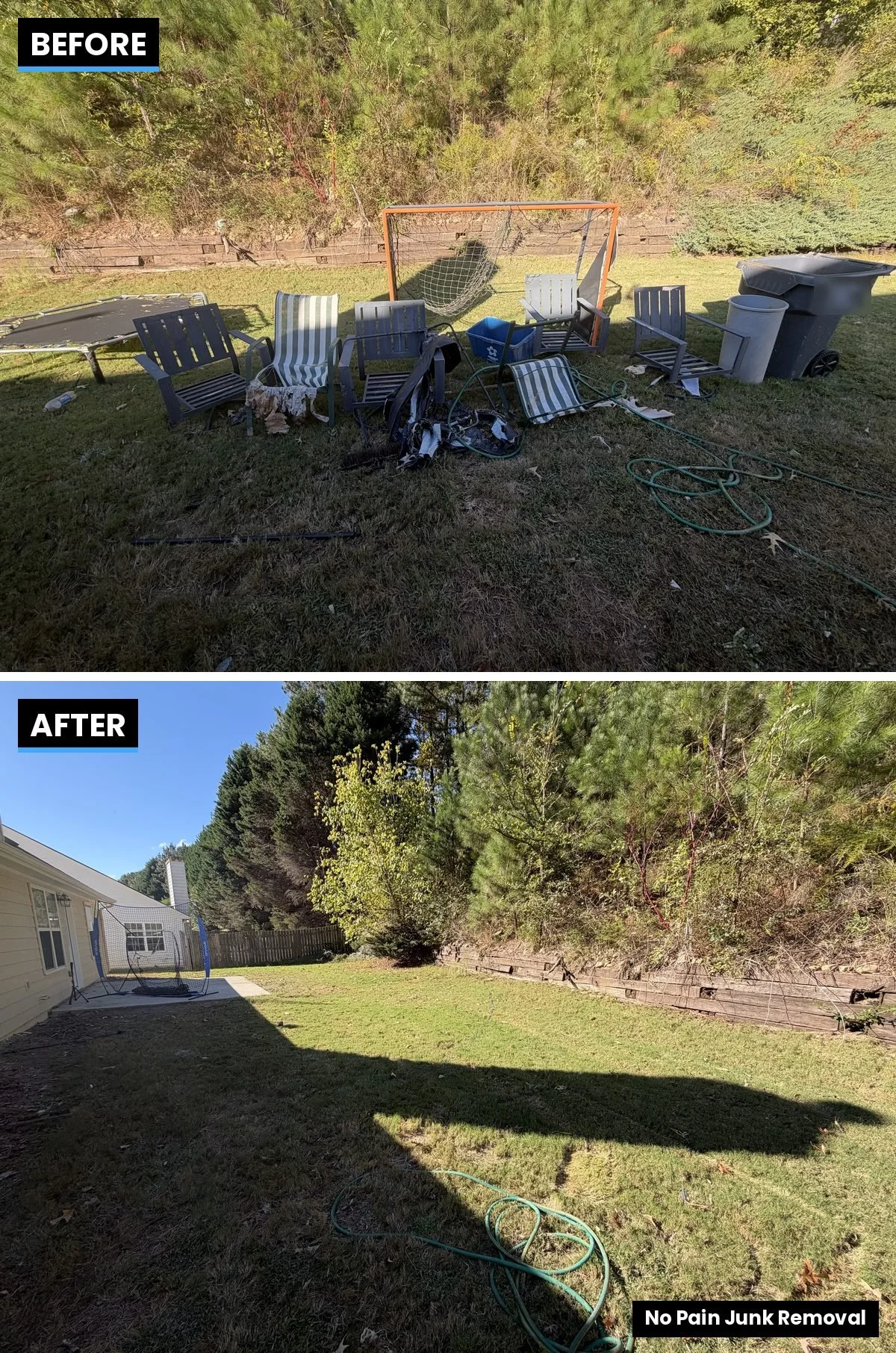 Before and after of a backyard junk removal in Lawrenceville, GA by No Pain Junk Removal