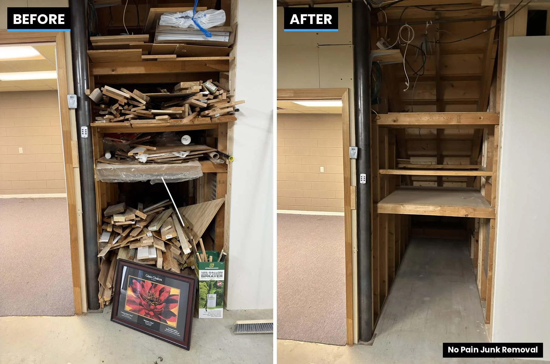 Before and after scrap lumber and storage shelf cleanout by No Pain Junk Removal, a Hall County, GA junk removal company