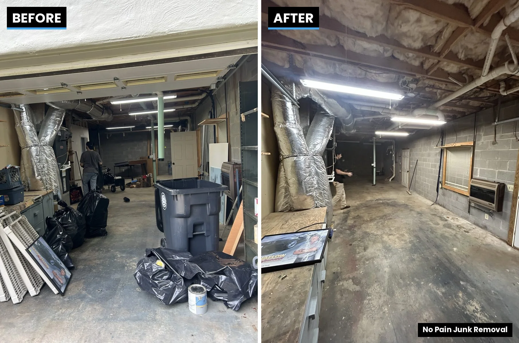 Before and after basement workshop cleanout by No Pain Junk Removal, an estate and home cleanout company in Hall County, GA