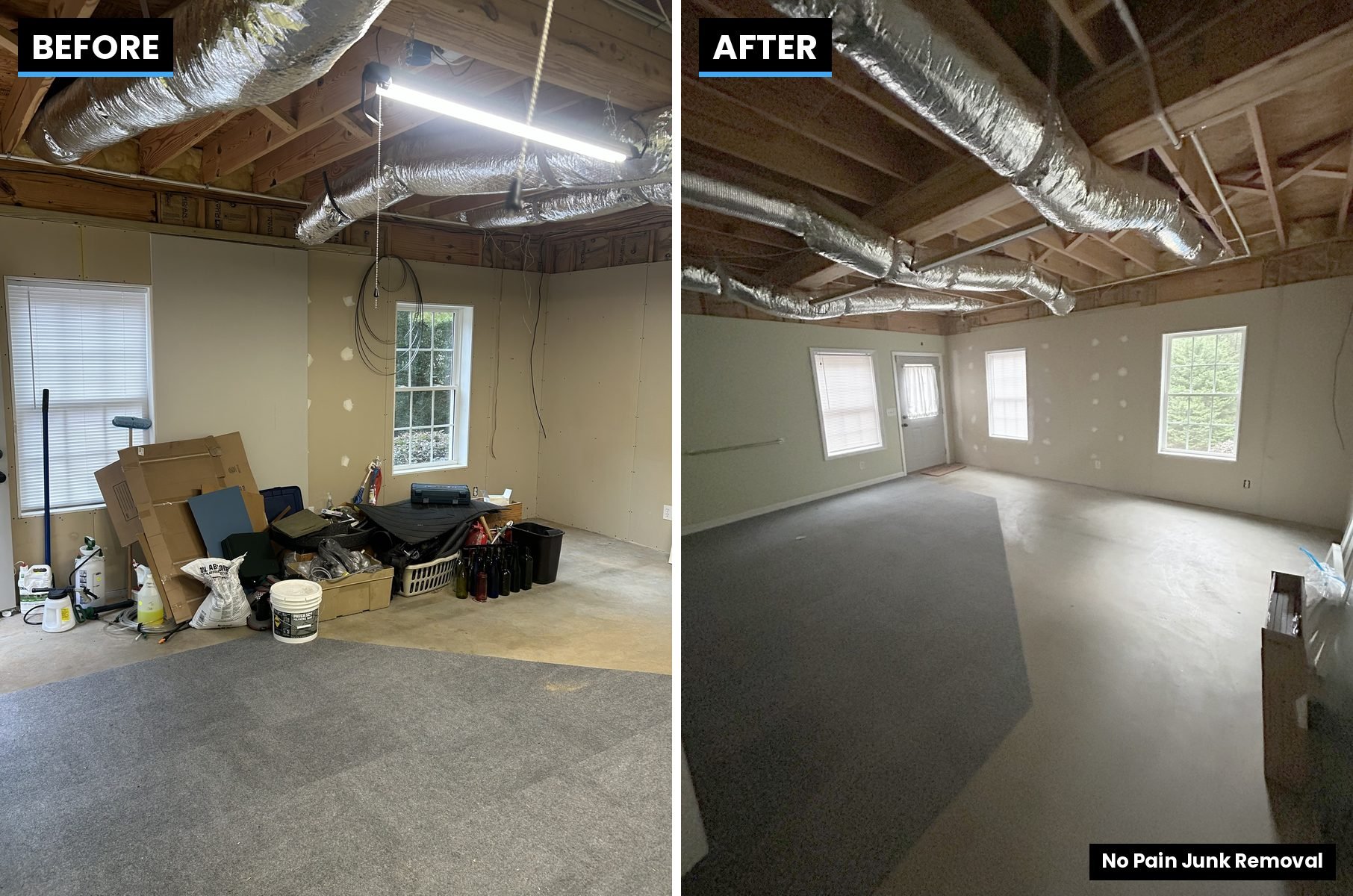 Before and after bonus room cleanout by No Pain Junk Removal, an estate and home cleanout company in Hall County, GA