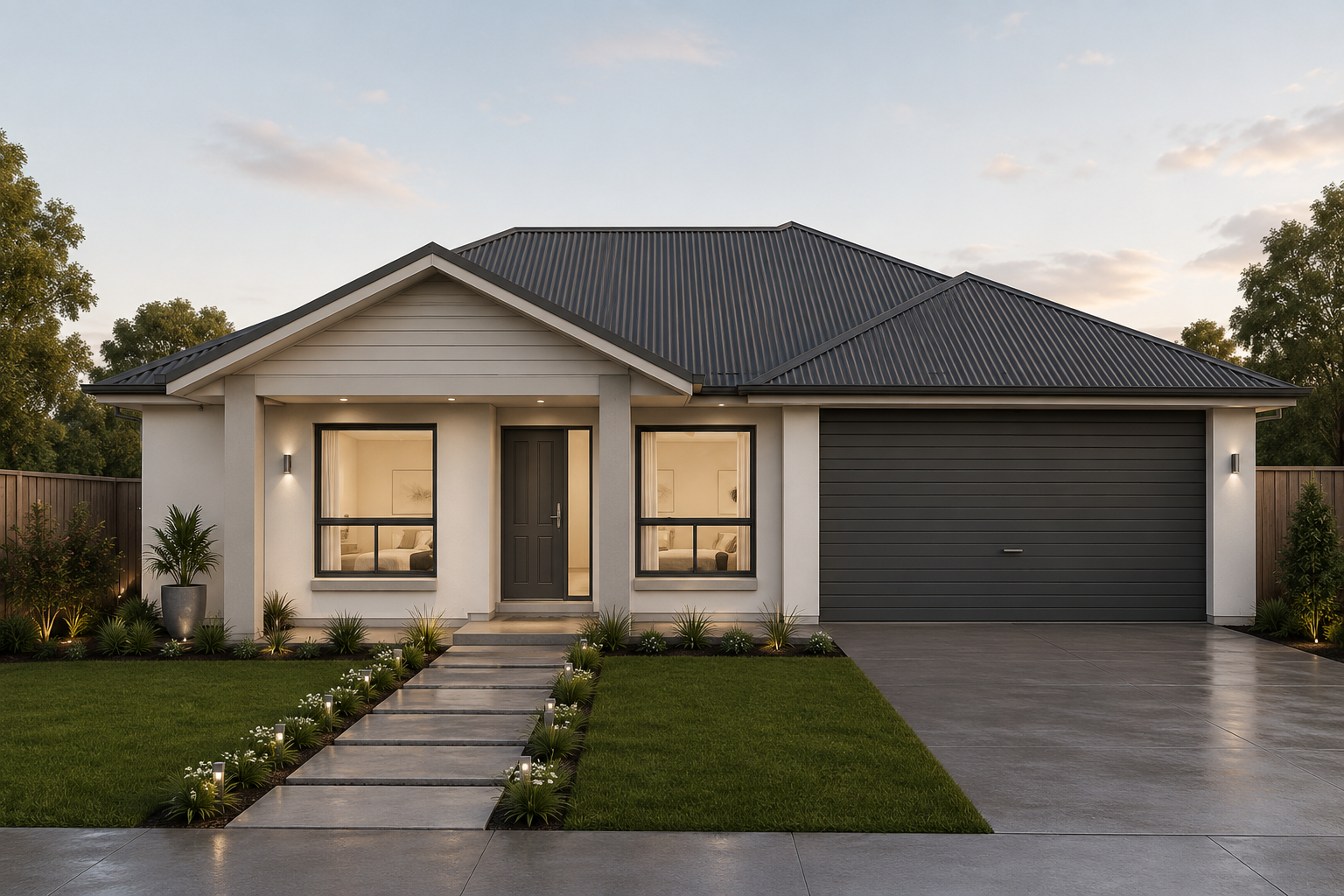 Modern suburban house with a gray roof, white walls, front stairs, green lawn, and plants, evening lighting.