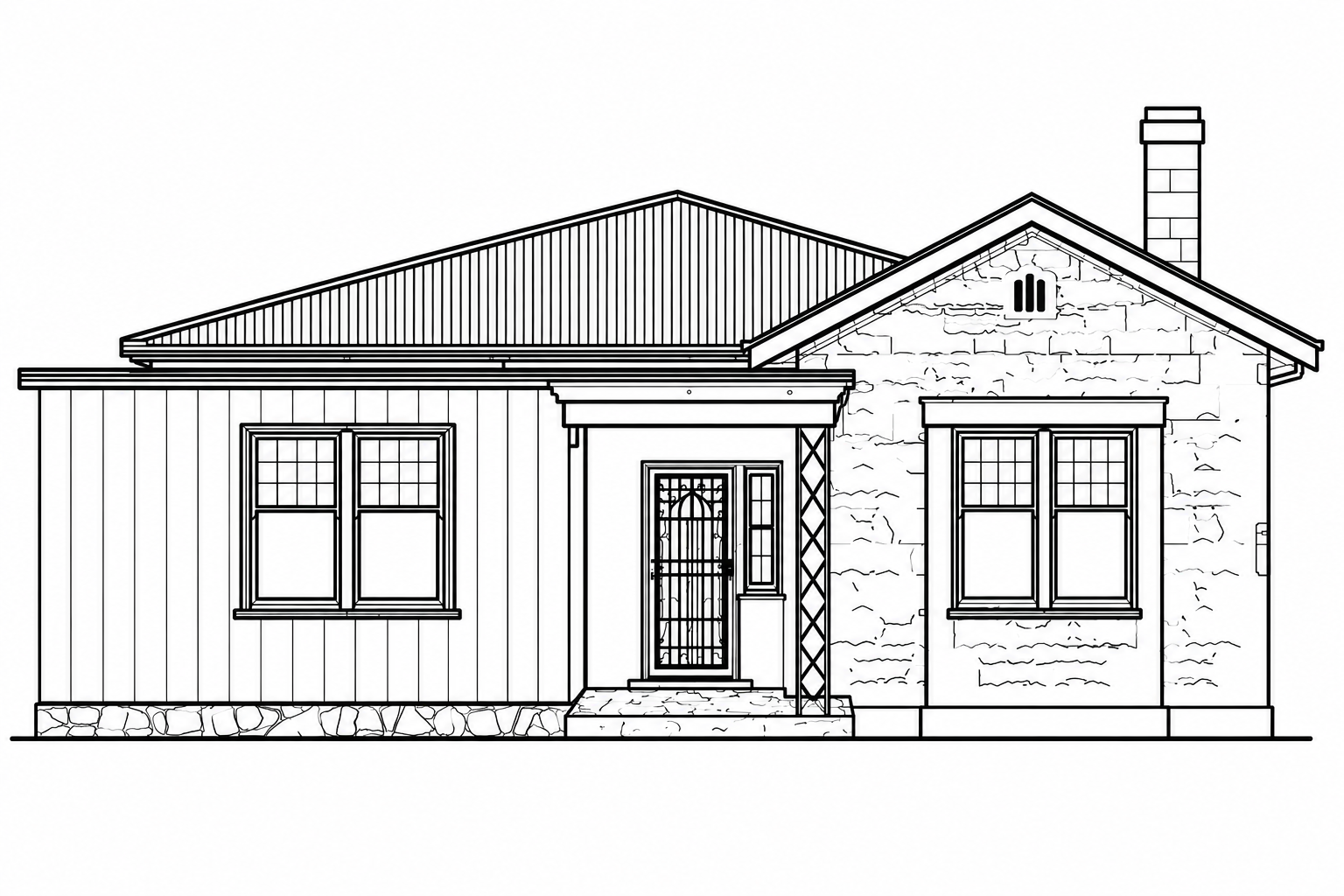 Line drawing of a house front with a main entry door, two windows, a stone foundation, and a chimney.