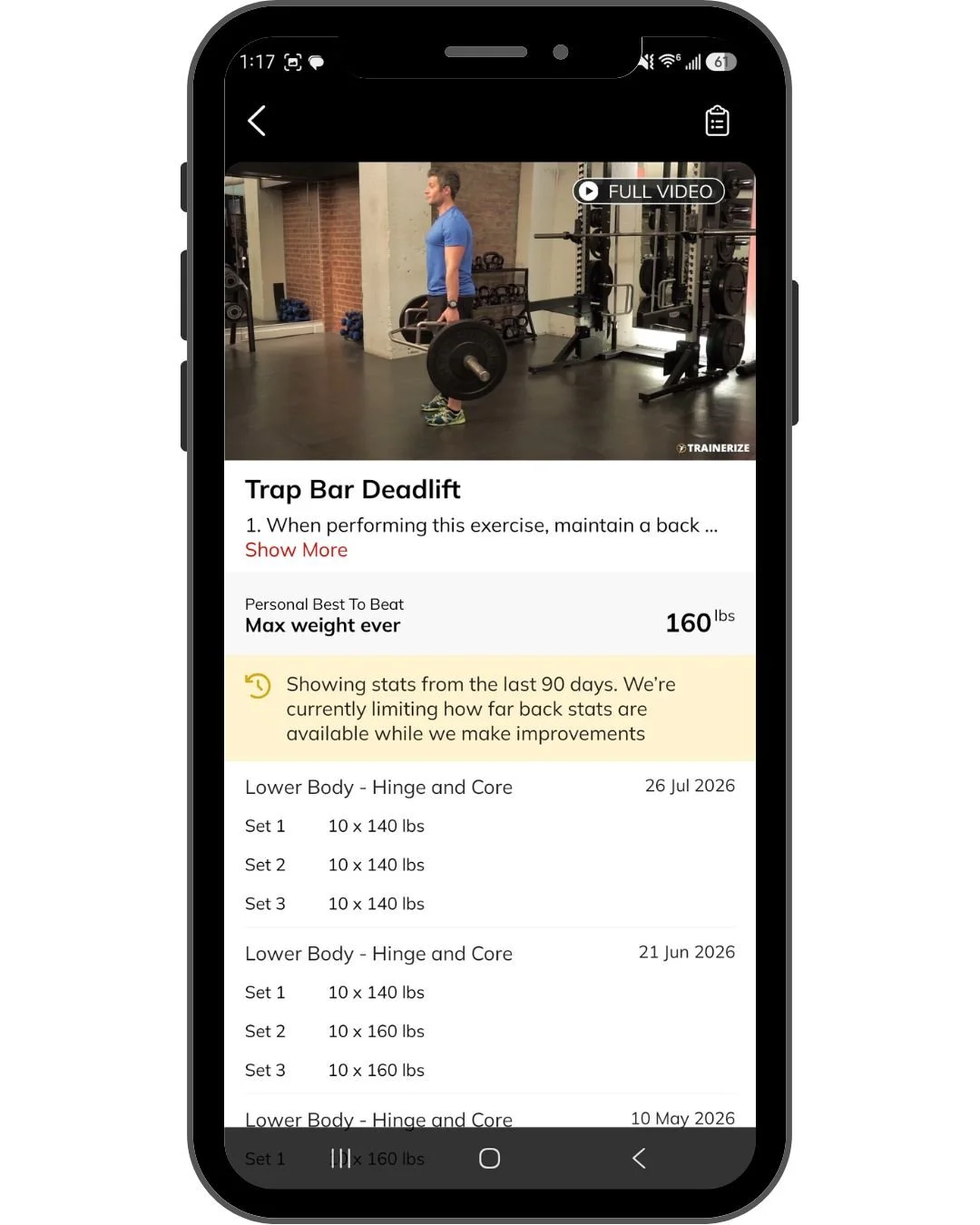 Exercise history tracking completed workouts and training activity in the Hixon Fitness App
