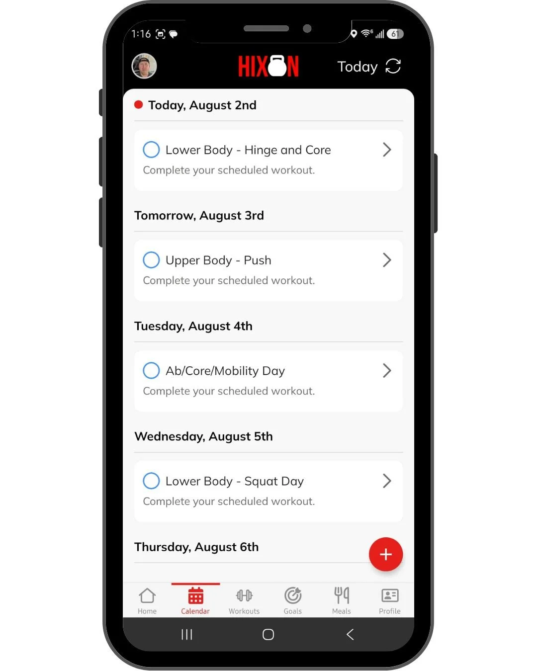 Workout calendar showing scheduled training sessions in the Hixon Fitness App