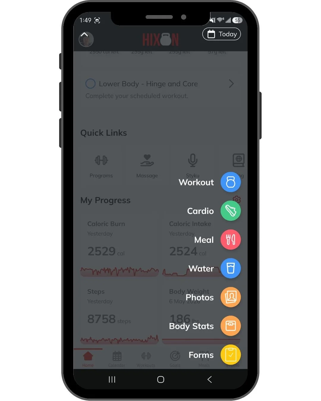 Progress photo, water intake, and additional health metric tracking in the Hixon Fitness App