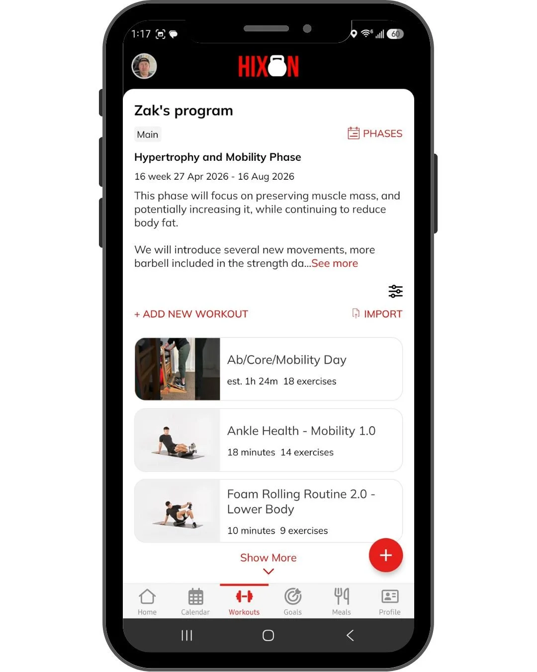 Personalized workout program created for a member in the Hixon Fitness App