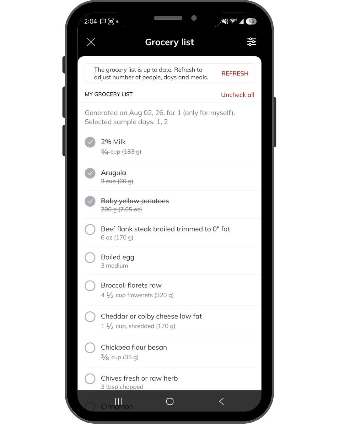 Detailed grocery list generated from personalized nutrition planning in the Hixon Fitness App