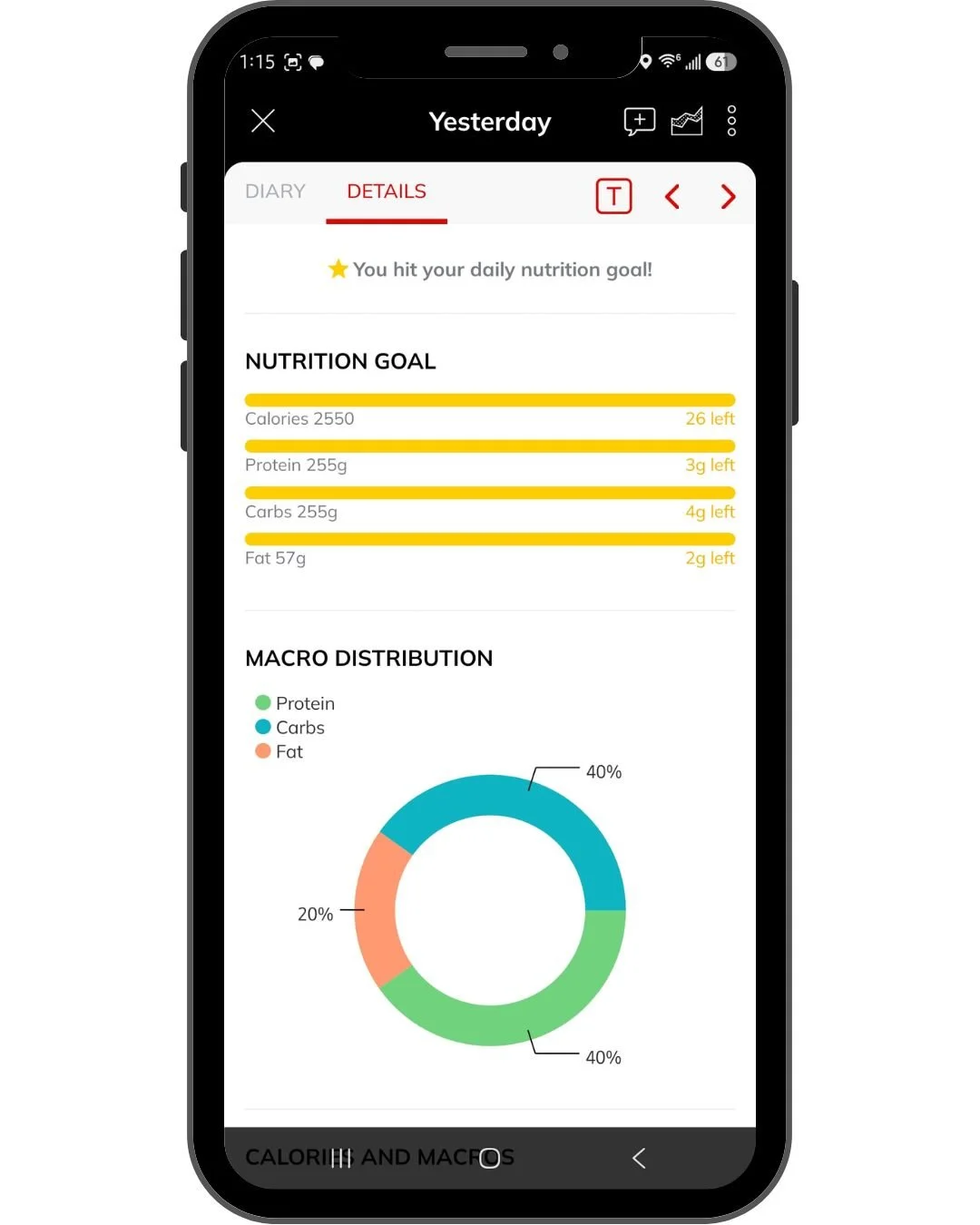 Nutrition breakdown showing calories, macronutrients, and daily intake in the Hixon Fitness App