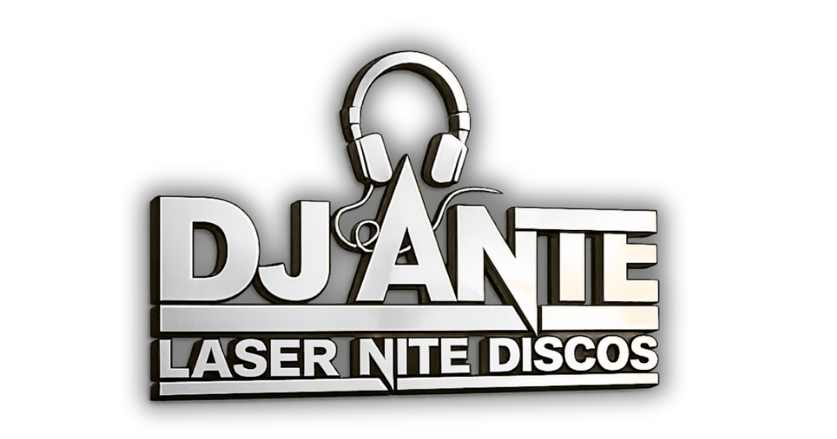 Sign with the text "DJ ANTE" and "LASER NITE DISCOS," featuring a pair of headphones above and a stylized line underneath.
