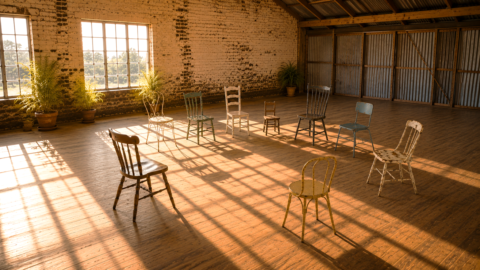 A loose circle of mismatched chairs in a sunlit open room.
