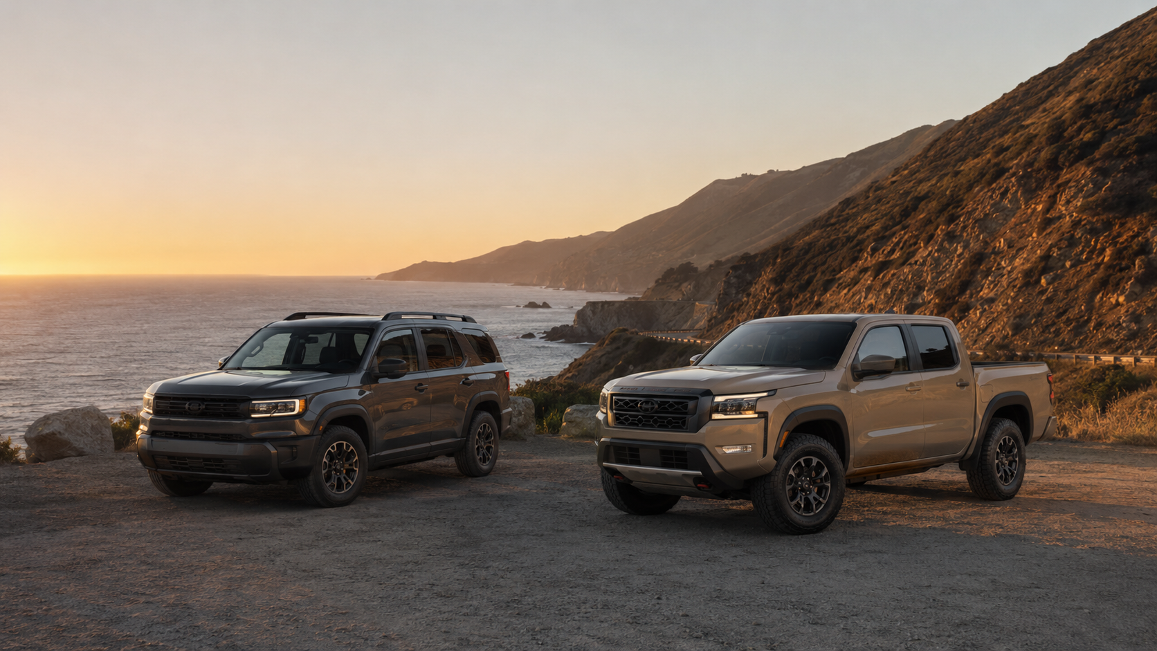 Coastal Sunset Overlook with Rugged Vehicles