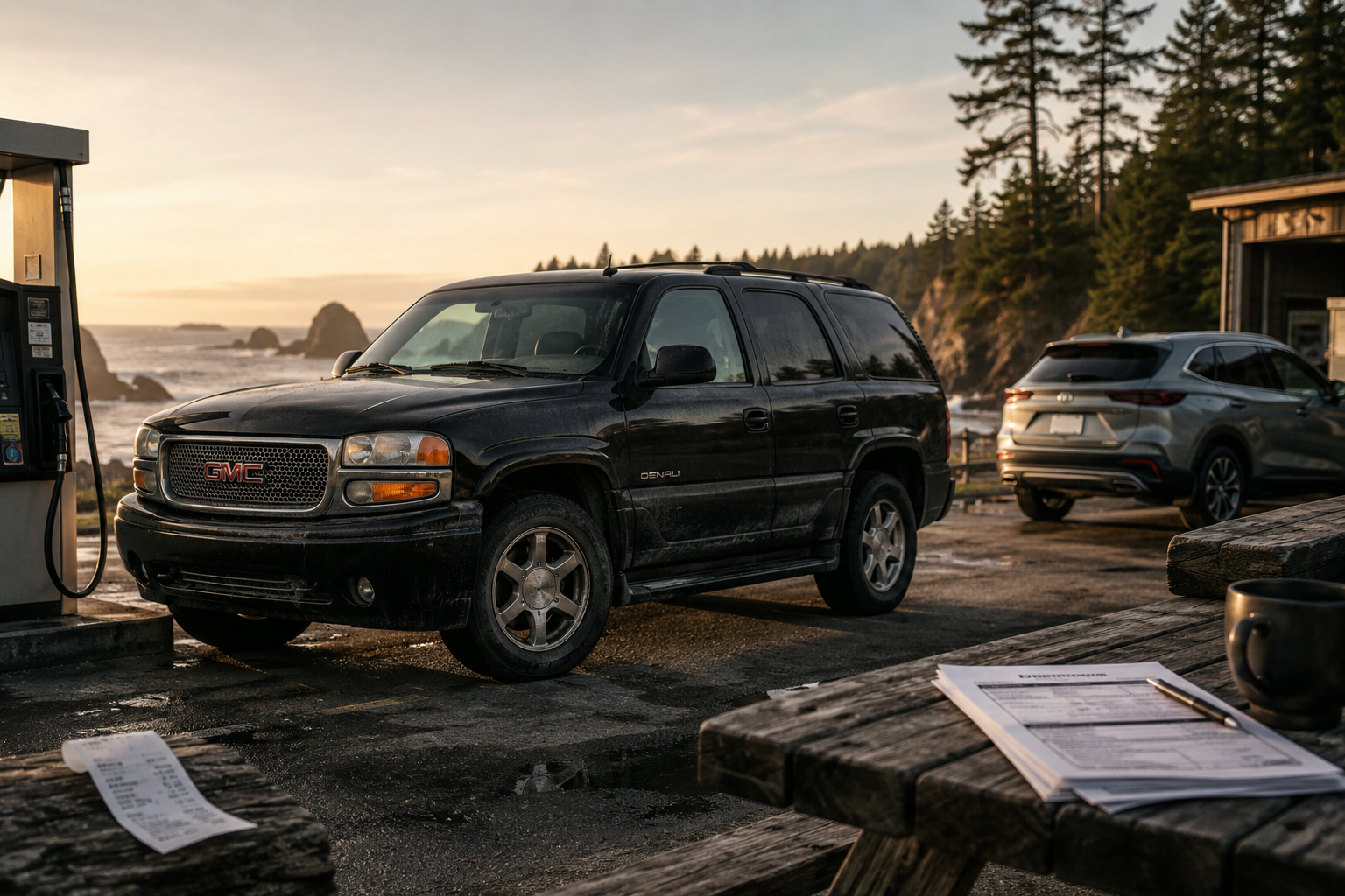 Black 2003 GMC Yukon Denali parked beside a fuel pump on the Vancouver Island coast, with a newer crossover in the background.