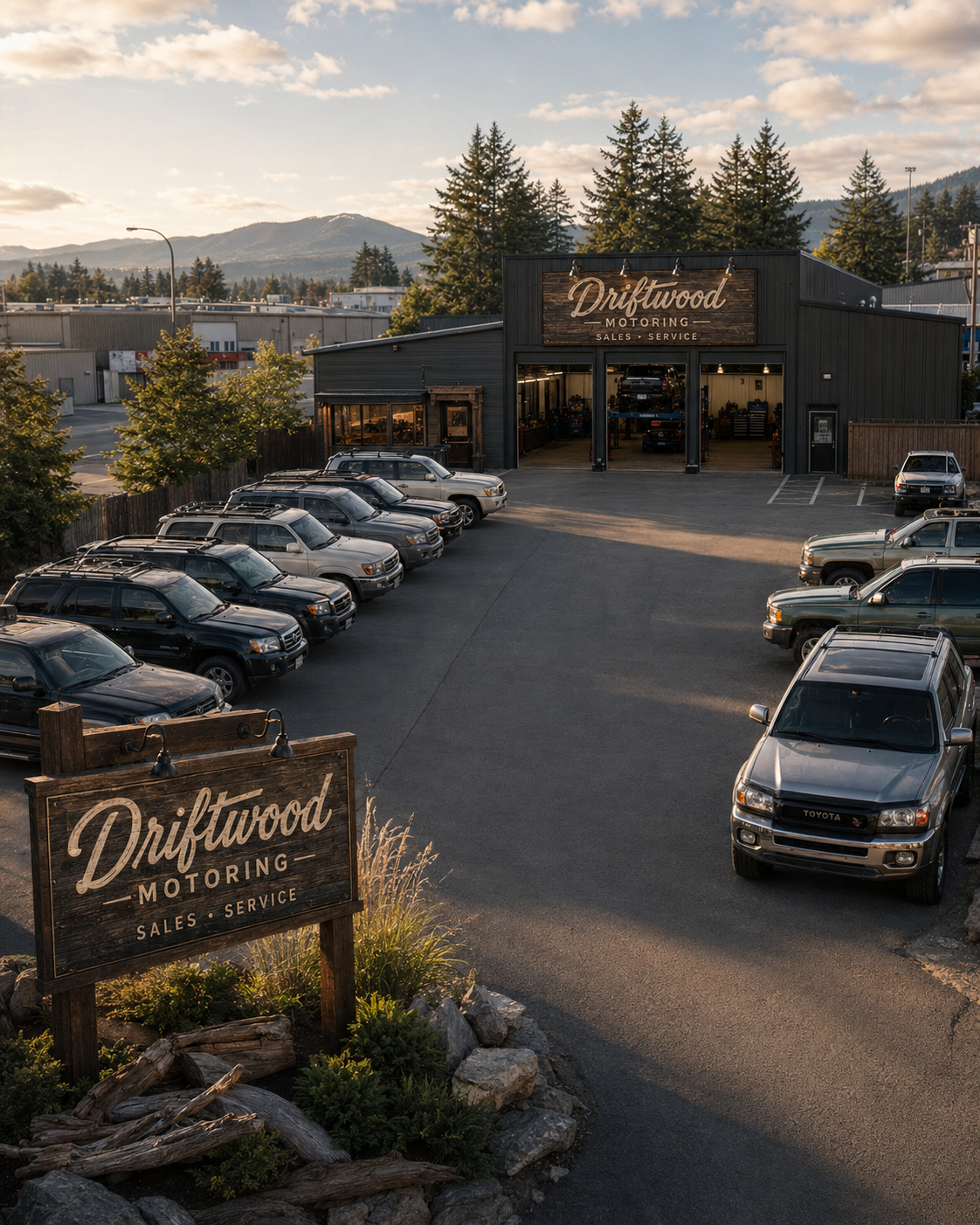 Exterior view of Driftwood Motoring, an automotive dealership and repair shop, with several parked cars and SUVs in the foreground, trees, and mountains in the background during sunset.