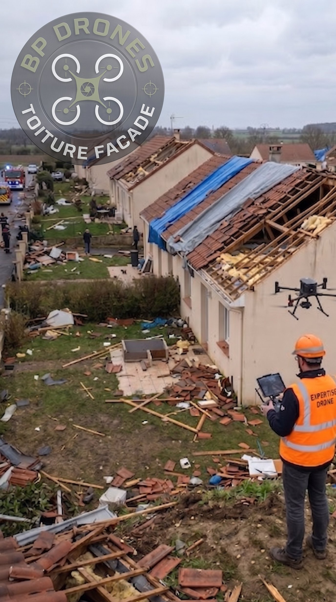 Une maison endommagée avec un toit démoli, des débris au sol. Une personne portant un gilet orange avec la mention 'EXPERTISE DRONE' contrôle un drone à l'aide d'une tablette, dans un contexte de catastrophe ou d'intervention d'urgence.